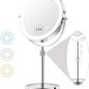 15X/1X Lighted Makeup Mirror with Magnification, 8 Rechargeable Magnifying Mirror with Lights, Adjustable Brightness Light Up Table Mirror with Adjustable Height, 360 Rotation Vanity Makeup Mirror (Silver Gray)