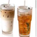 2 Pack Iced Coffee Cup with Lids, 20oz Clear Glass Tumbler with Straw & Lid, Ribbed Glassware Cups, Dishwasher Safe Drinking Glasses, Stylish Glass Cups for Coffee, Juice, Tea, Matcha