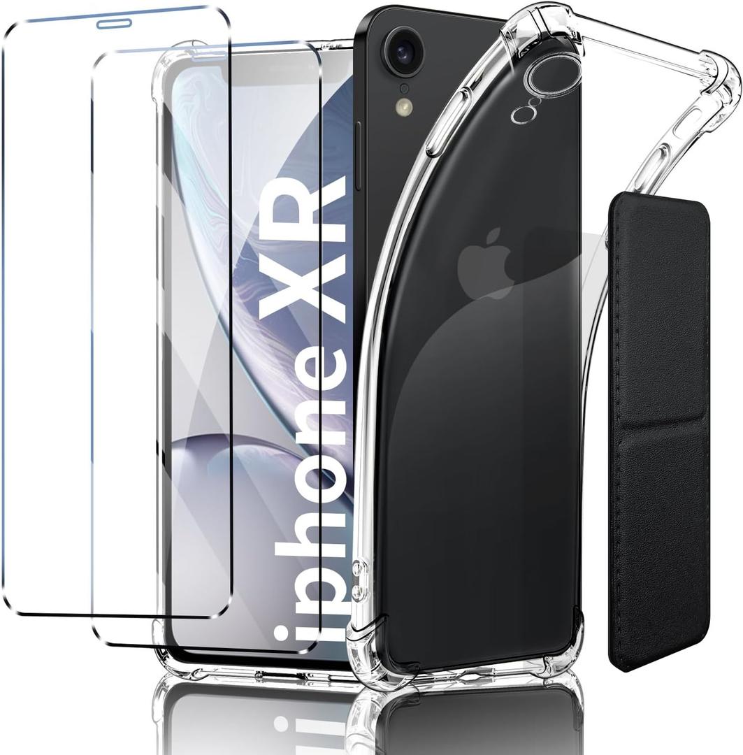 for iPhone XR 6.1-Inch Case, Shockproof TPU Clear Cover with 2 Pack Tempered Glass Screen Protectors & Leather Kickstand (3M Adhesive Mount) for Stand/Horizontal Viewing, Clear