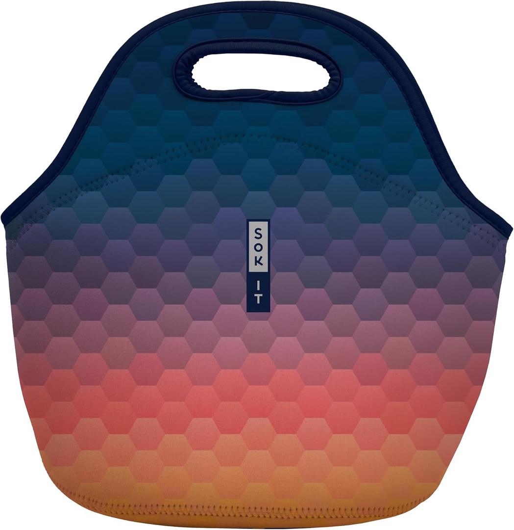 Sok It LunchTote Zippered Bag Insulated Neoprene Caddy (Hexagon Sunset, Large 4.5 Quart Lunch Tote)