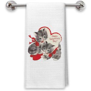 Vintage Happy Valentine's Day Cat Hand Tea Towels for Bathroom Kitchen Decor, Valentine's Day Cat Gifts for Her Women, Valentines Sweet Kitten Kitchen Dish Towels, 16x24 Inch