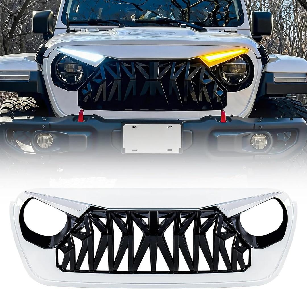 Front Shark Grille Compatible with 2018-2025 Jeep Wrangler JL JLU Gladiator JT, w/DRL Turn Signal Lights, White Black