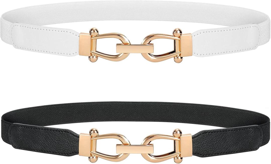 JASGOOD Women Stretchy Waist Belt Retro Elastic Skinny Belt for Ladies with Gold Buckle, S Belt, Length 27in Up to 31in, Black, White