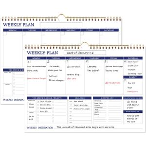 (2-Pack) Large Weekly Planner - 17" x 12" Spiral Weekly Calendar, 53 Weekly Goals Schedule Planner for Planning and Organizing Family Activities, Meal Tracker, Undated