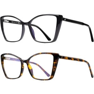 2 Pack Blue Light Blocking Glasses for Women, Oversized Trendy Cat Eye Computer Gaming Glasses Anti Glare & UV Glare RF6204 (Black + Coco Tortoise Cateye Frame)
