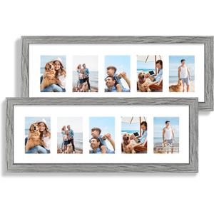 Hongkee 8x24 Picture Frame 2 Pack, Rustic Grey Wood Frame with Tempered Glass, Display Pictures Multiple Five 4x6 With Mat or 8 x 24 Without Mat - Horizontal or Vertical Wall Mounting