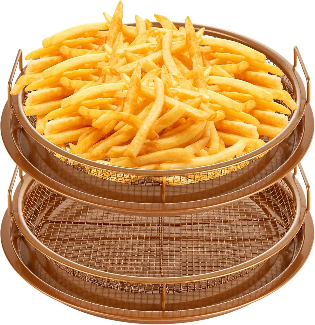 Steel Air Fryer Tray, 4 Piece Nonstick Copper Crisper Air Fry Basket For Oven, Air Fryer Baking Pan, Air Fryer Basket for Oven Baking & Crispy Foods Large (Round- 12x12in)