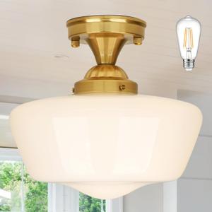 12" Brass Schoolhouse Lights Fixture Milk Glass Light Fixtures Mid Century Light Fixtures School House Lights Fixture Ceiling Semi Flush Mount Ceiling for Bathroom Bedroom (Bulb Incl.)
