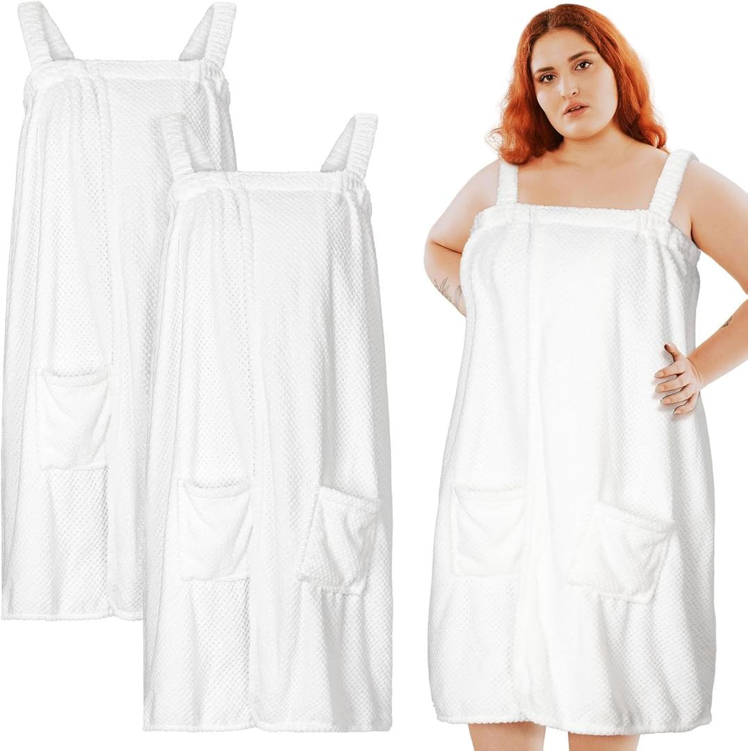 Tigeen 2 Pcs Plus Size Towel Wrap for Women Bath Wrap Towel Dress Terry Cloth Spa Robe with Straps Adjustable Closure(White, XXL-4XL)