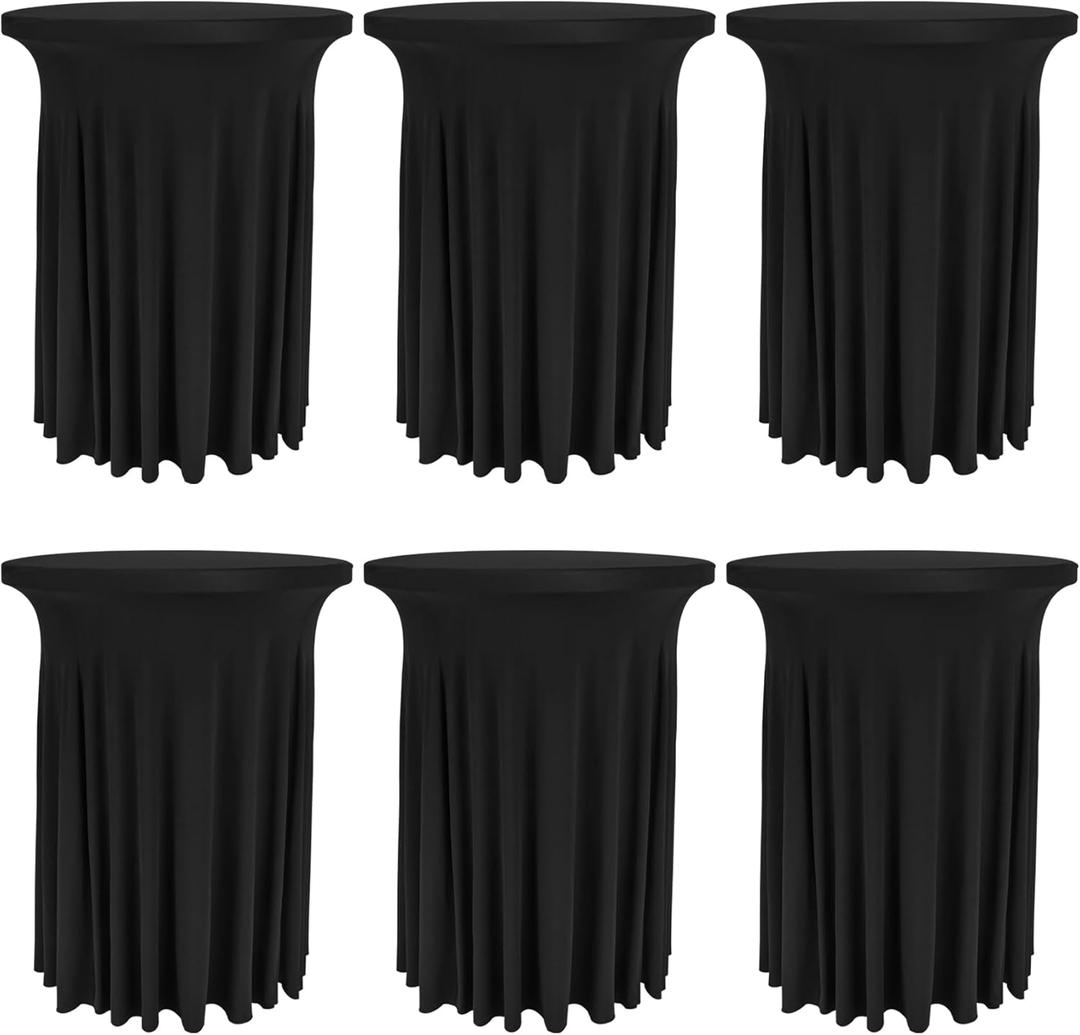 Fivenl 6 Pack Round Cocktail Tablecloth 32"x 43" Spandex Cocktail Table Skirt, Washable Stretch Fitted Table Covers for High Top Bar,Wedding,Party,Events (Black)