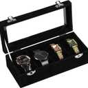 4-Slot Watch Box,Velvet Watch Case with Glass Lid,Watch Organizer Box for Men and Women,Lockable Watch Storage,Watch Display Case,Ideal Gift (Black)