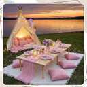 71x87'' Huge Teepee Tent with 91x71'' Extra Large Outdoor Boho Picnic Blanket Table Runner 6 Napkins Woven Cotton Yarn Oversized Beach Blanket Camp Wedding(Pink, White)