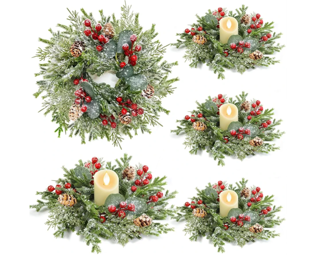4Pcs Flocked Christmas Candle Rings Mini Christmas Wreaths, 10"x3.5" Perfect PE Small Christmas Wreath Snowy Pinecone&Red Berry Cedar Eucalyptus Cypress Wreath Candle Holders Table Centerpiece Decor