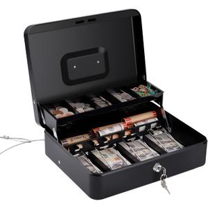 Sumerfnt Cash Box with Money Tray and Lock Money Box with Security Cable, Metal Locking Cash Box - 11.8" x 9.4" x 3.54" Black