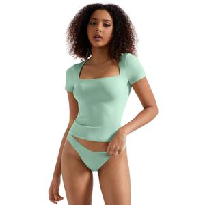 SUUKSESS Women Double Lined Fitted Basic Tee Square Neck Short Sleeve Y2K Crop Top (Green, L)