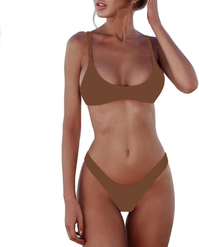 SherryDC Women's Solid Scoop Neck Push Up Padded Brazilian Thong Bikini Swimsuit Bathing Suit (Medium, Brown)