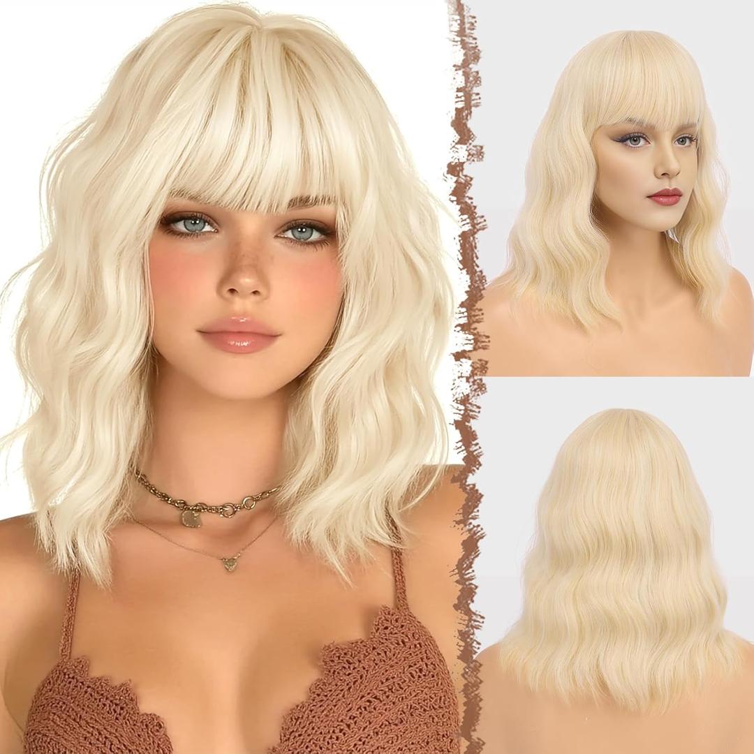 FESHFEN Platinum Blonde Bob Wig with Bangs, Shoulder Length Wavy Wig Synthetic Short Hair Wig for Women Party Daily Use, 14 inch