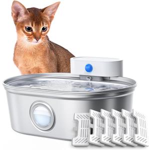 uahpet Wireless Cat Water Fountain Stainless Steel Pro, External Pump Battery Operated Pet Waterer, Dog Drinking Dispenser with Water Level Window, 67oz/2L
