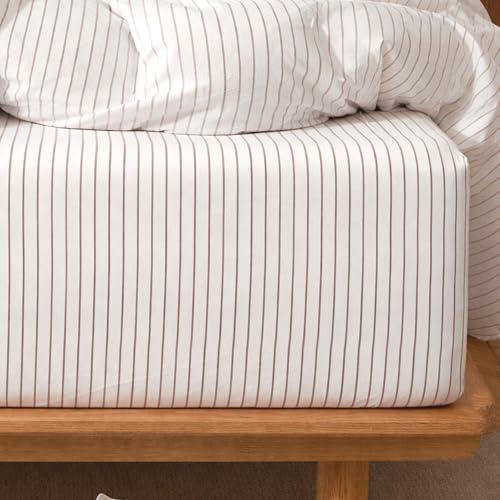 MooMee Stripes Fitted Bottom Sheet Only 100% Washed Cotton Linen Like Textured Breathable Durable Soft Comfy Deep Pocket (White Almond Milk Grey Wide Stripes, Queen)