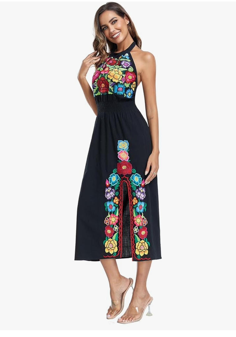 YZXDORWJ Women's Mexican Floral Embroidered Halter Neck Split Sleeveless Ruffle Party Long Dresses, Size:Medium