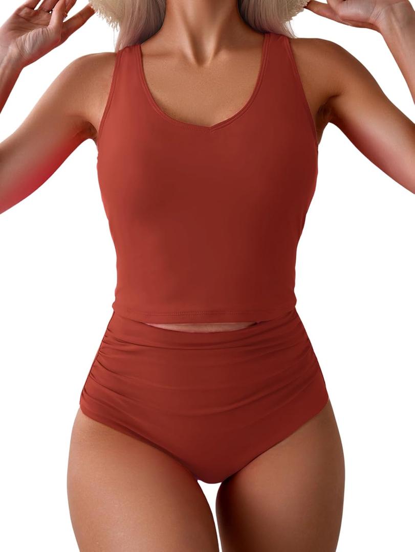 Eomenie Two Piece Tankini Swimsuits for Women Tummy Control Bathing Suits Cutout Back Swim Tank Top with High Waisted Bottom (Small, Coral Pink)