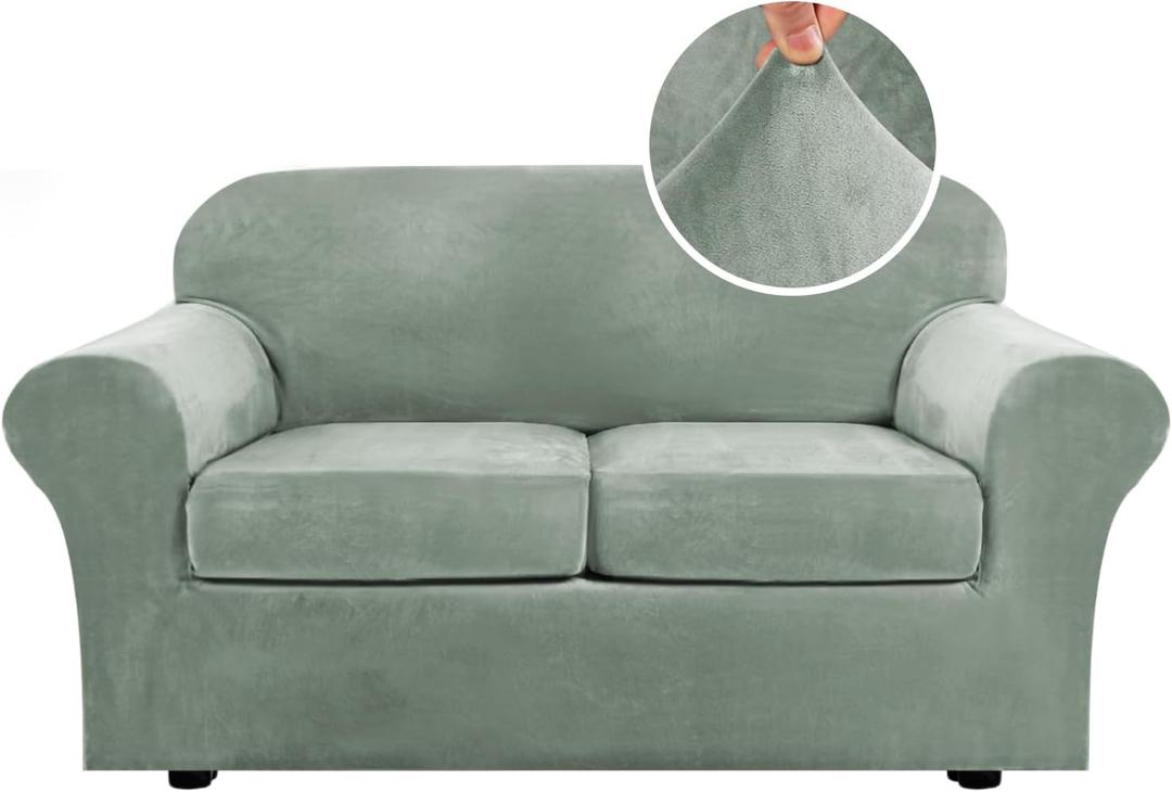 H.VERSAILTEX Real Velvet Plush 3 Piece Stretch Sofa Covers Couch Covers for 2 Cushion Couch Loveseat Covers Width Up to 72 Inch Thick Stay in Place (Medium Sofa, Sea Grass)