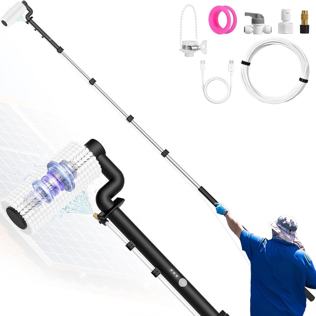 Solar Panel Cleaning Brush and Pole, 20FT Electric Cleaning Roller Brush with Telescopic Water Fed Pole, 100Mins Runtime, 2 Spin Speeds, Outdoor Window Cleaning System for Solar Panel, Window, Roof (Black)