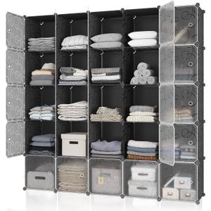 MAGINELS 25 Cube Storage Organizer,Portable Plastic Storage Cabinet,Closet.Stackable Cubby Shelf for Clothes,Toy,Bag. Suitable for Bedroom,Studyroom,Closet Organization,Black(1414 inch)
