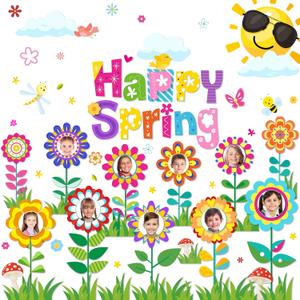 2 x Spring Bulletin Board Decorations, Hello Spring Bulletin Board Decorations Includes Flower Mindset Photo Posting Craft Cutouts and Sun Cloud Cutouts for School Offices Classroom Back to School Party