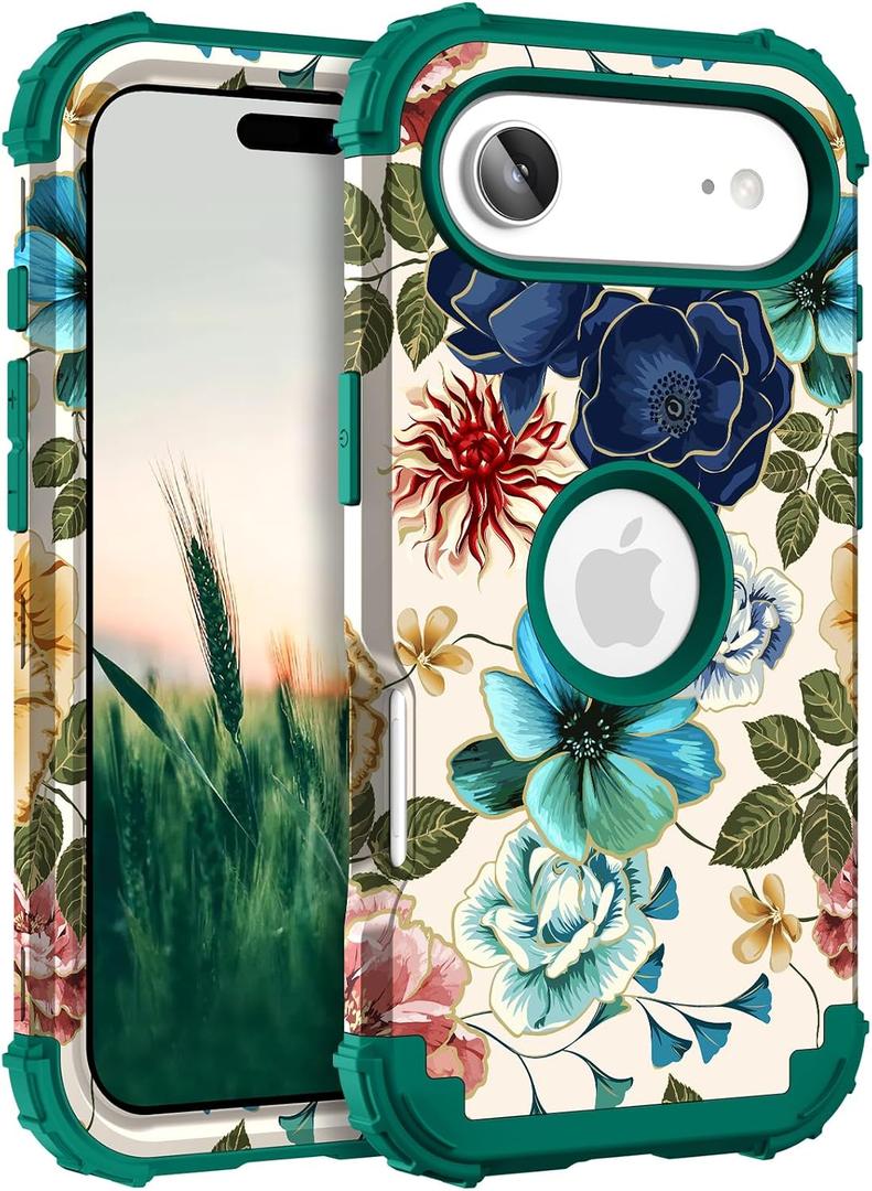 Hocase Heavy Duty Case for iPhone Air 6.5"", Teal Flowers | Shockproof Protection Soft Silicone Rubber+Hard Plastic Bumpers Hybrid Protective Case for Women & Girls