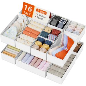 DIMJ Drawer Organizer Clothes Storage - 16 Pack Baby Dresser Organizer for Nursery, Foldable Drawer Dividers for Bedroom Closet Organization, Fabric Storage Bins for Socks, Underwears, Bras (White)