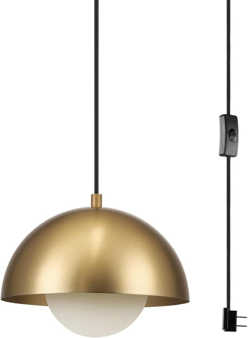 GLOBE Electric 65696 Amelia 1-Light Plug-in Pendant Lighting, Matte Brass, Frosted Glass Shade, Bulb Not Included