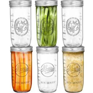 Tebery 6 Pack Wide Mouth Home Glass Mason Jars with Airtight Lids and Bands, 24-Ounce Canning Glass Jars for Canning, Fermenting, Pickling, Meal Prep, Overnight Oats, Jam, Jelly