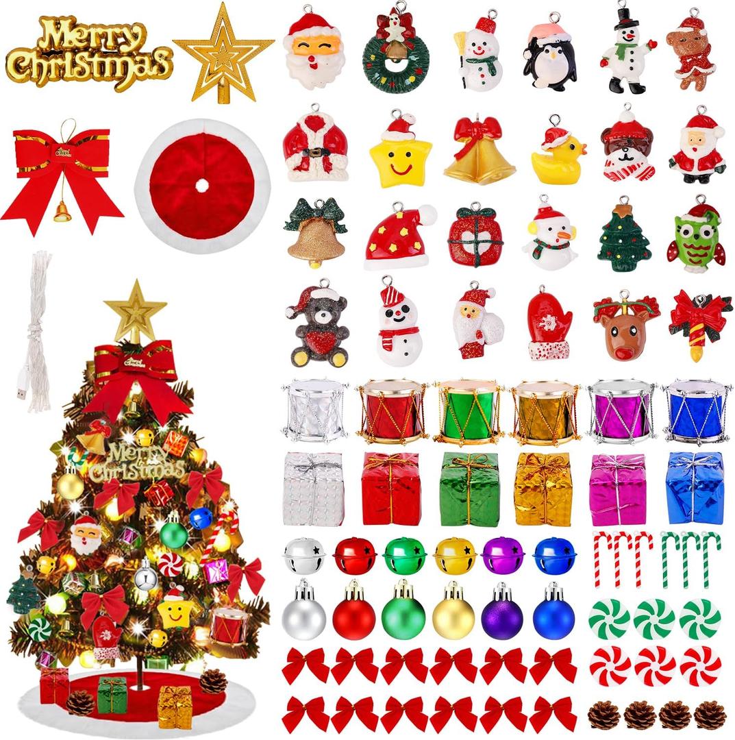 81 Pcs Mini Christmas Tree Decorations Set Mini Christmas Ornaments Tiny Skirt Ball Bow Miniature Hanging Ornament with LED Lights for Small Xmas Tree Decor