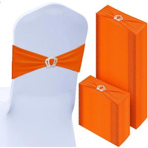 VitalCozy 100 Pcs Spandex Chair Sashes with Crown Buckle Slider Stretch Chair Bands Cover Ties for Wedding, Banquet, Gala, Corporate Event, Birthday Party, Baby Shower(Orange)