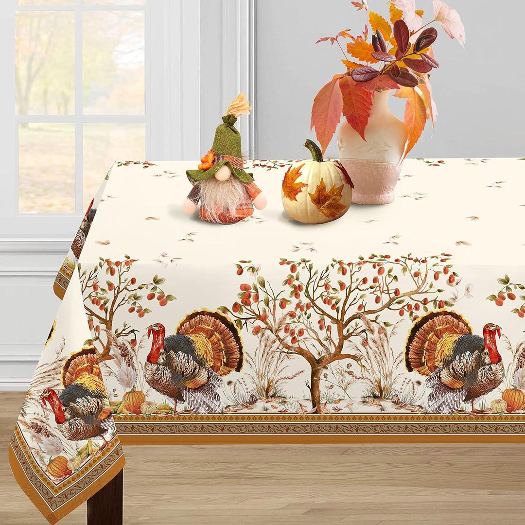 Fall Thanksgiving Double Border Decoration Tablecloth,Turkey & Pumpkin Harvest Tablecloths, Waterproof Table Cover for Dinner Kitchen Party Holiday Decorations, 60"x 102"Oblong/Rectangle