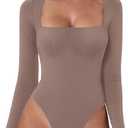 QINSEN Women's Sexy Square Neck Bodysuit Long Sleeve Double Lined Shirt Tops (Medium)
