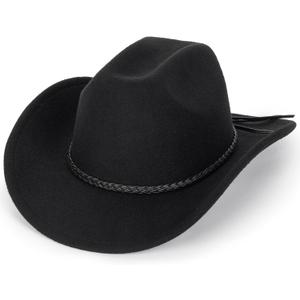 Women Men Classic-Western-Cowboy-Hat - Wide Brim Western Cowboy Cowgirl Hat Fedora Hats(Size:M) (Black)
