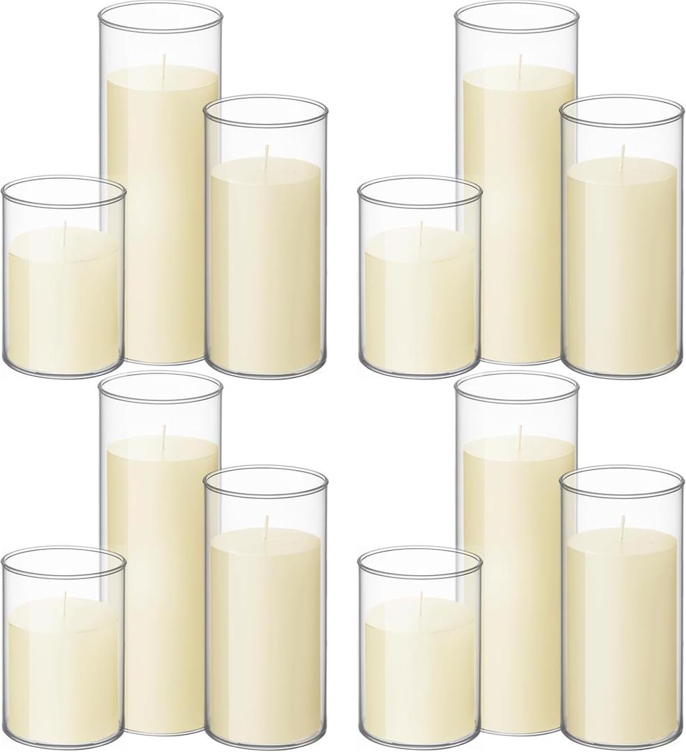 Shihanee Set of 12 Pillar Candles and Glass Cylinder Vases Clear Cylinder CandleHolders for Slim Pillar Candles Wedding Centerpieces(3.4''x 4.7'', 7'', 9.8'',Ivory White)