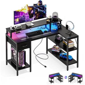 DUMOS Gaming Desk, Monitor Stand, LED Lights, Storage Shelves, 31.5‘’x 31.8'' x 47''