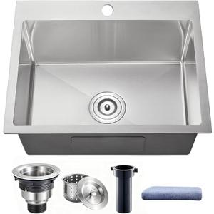 20x16x8 Inch Topmount Kitchen Bar Sink, Drop In Bar Sink 16 Gauge Handmade Stainless Steel Suitable for Kitchens, Bars, and RVs,Outdoor Single Bowl Bar Sink with Strainer, Towel, 2016 Inch