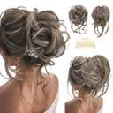 SARLA 2PCS Grey Messy Bun Hair Pieces for Women Detachable Claw Clip Wavy Curly Synthetic Hairpieces for Updos with Tendrils Fake Scrunchies Ponytail Extension Middle Grey