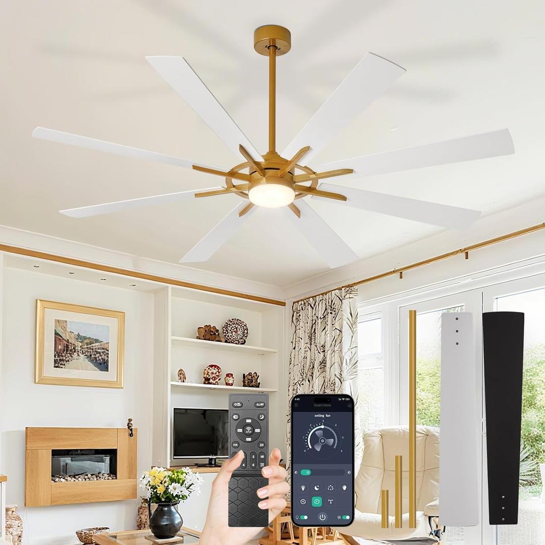 Depuley 66-Inch Ceiling Fan with Light: Modern 8-Blade Brass and White Indoor Outdoor Fans with Remote App Control Dimmable Light - Ultra Quiet DC Motor Reversible 6 Speed Timer
