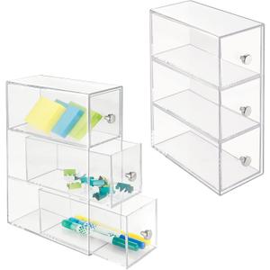 mDesign Plastic Stackable Desktop Organizer Tower Storage Station with 3 Drawers for Home Office - Holds Pens, Sticky Notes, Binder Clips, Notepads, or Gel Pens - Lumiere Collection - 2 Pack - Clear