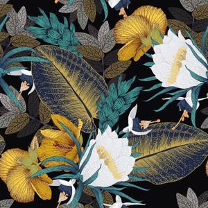FunStick Vintage Black and Gold Floral Wallpaper Peel and Stick Leaf Tulip Flower Wallpaper for Bedroom Bathroom Black Floral Contact Paper for Walls Cabinets Waterproof Removable Wall Paper 17.5x118