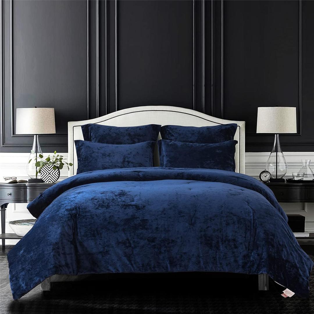 Sunshine Nicole Distressed Velvet Comforter Set, Distressed Velvet Face and Brushed Solid Microfiber Reverse, with Light Weight Soft Poly Fill, 5 Pieces Navy, King