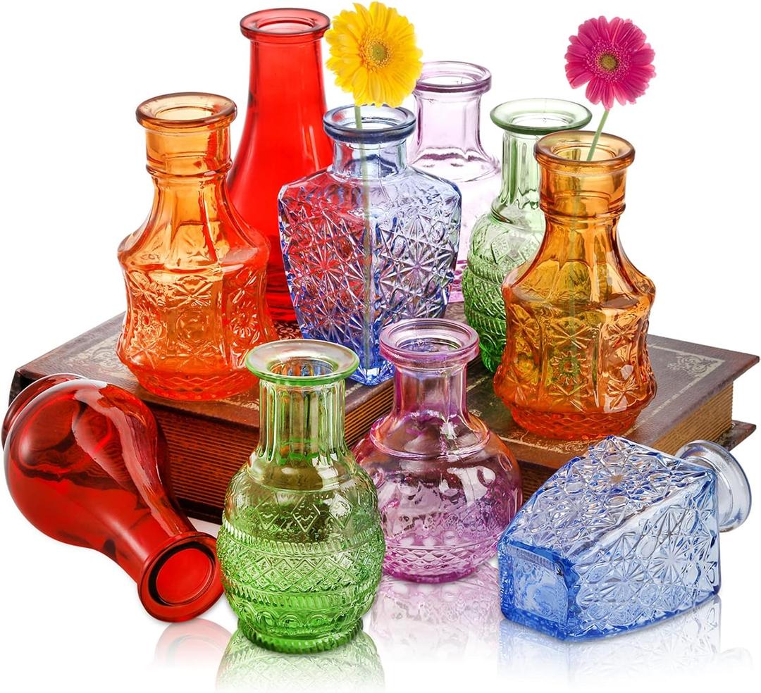 DEAYOU 10-Pack Glass Bud Vases for Decor, Small Vintage Flower Vases for Centerpieces, Crystal Colored Glass Single Bud Vase, Mini Rustic Glass Vase Antique Tiny Floral Bottle for Table, Plants, Home