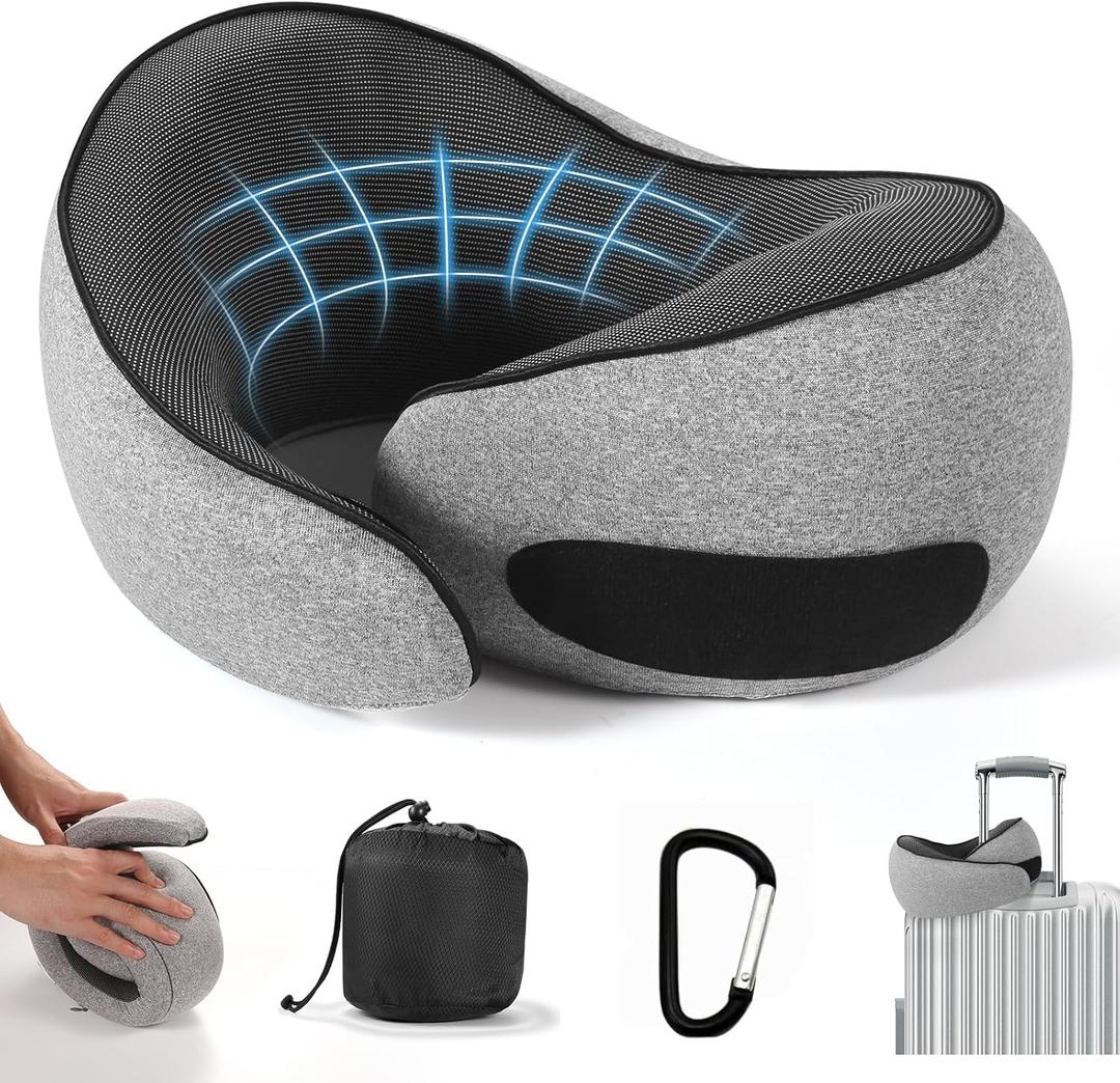 SZXYX Neck Travel Pillows - 100% Pure Memory Foam Neck Pillow for Airplanes, Comfortable Breathable Cover, 360 Support Stowable Pillows for Sleeping, Car, Airport Travel Essentials, Gray