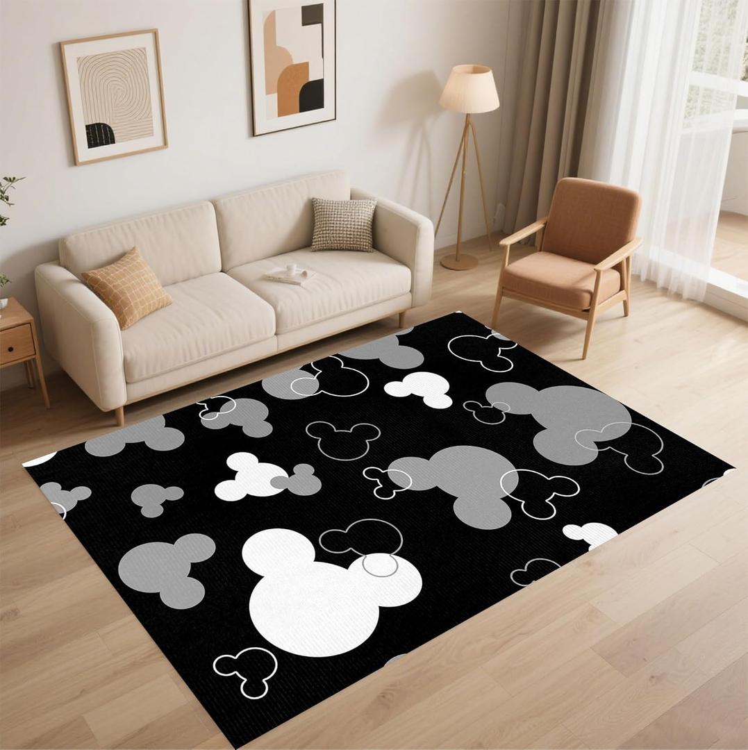 Cute Mouse Themed Area Rug Black Mouse Head Carpet Cartoon Animated Character Rug Gift for Children's Room Decor for Living Room Bedroom Playroom Decor Mat 5' x 7'