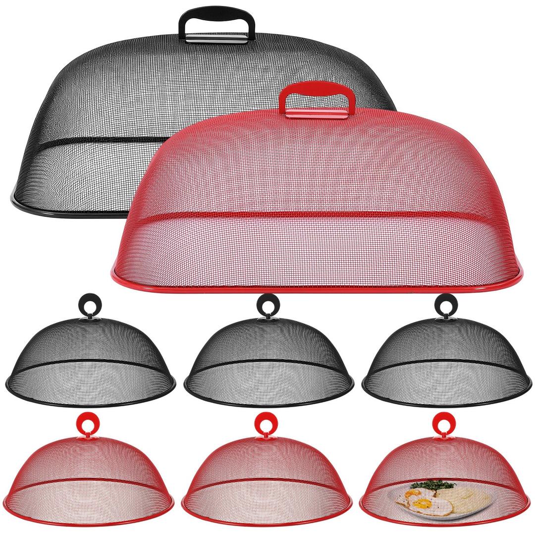 Hicarer 8 Pcs Metal Mesh Screen Food Cover for Outdoors Set Including Extra Large 18.5 in Mesh Food Tents for Outdoor Pcs 11 in Large Dome Picnic Covers (Black Red)